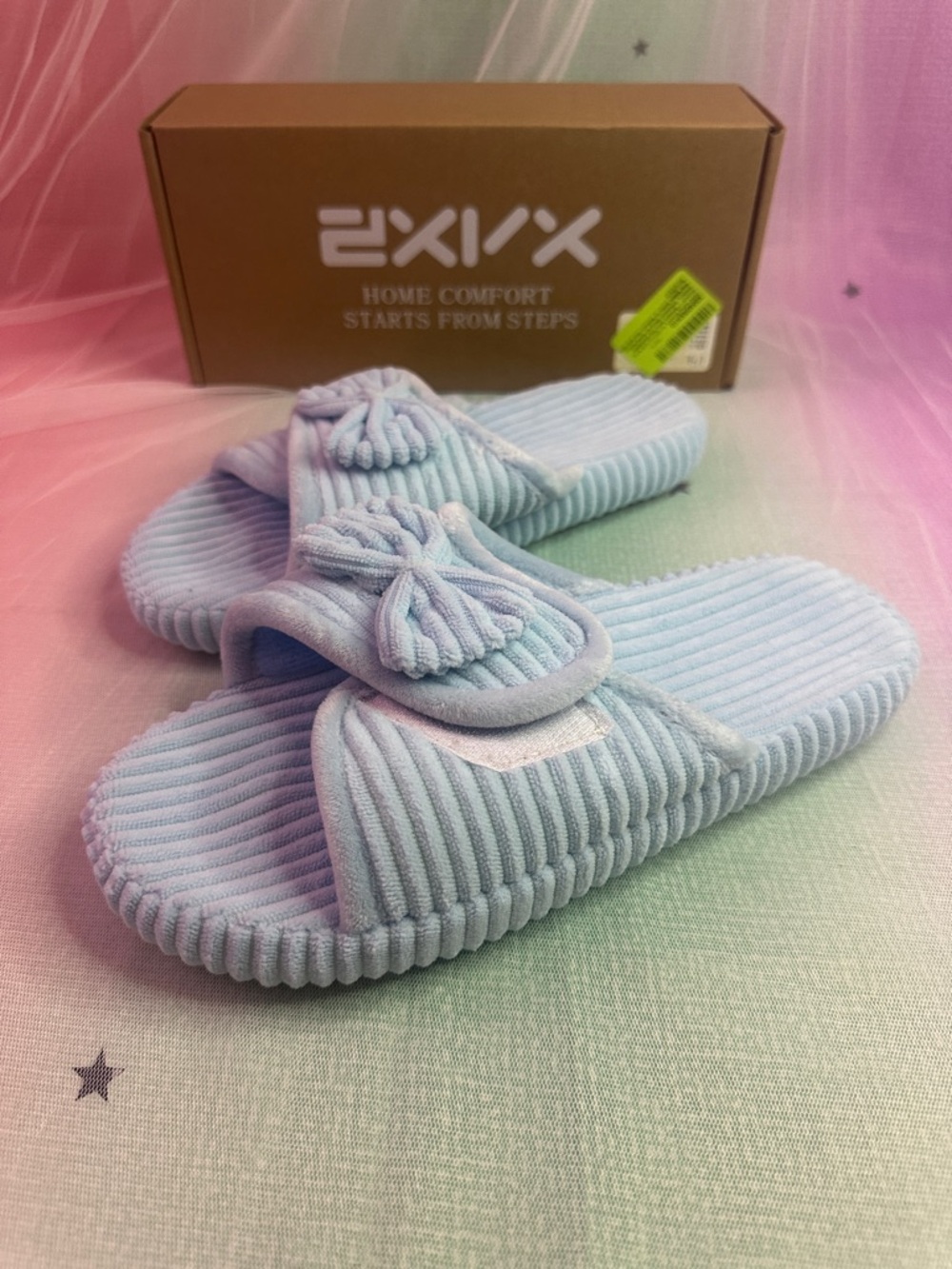 Baby Blue Ribbed Bow Slide Slippers - Picture 2 of 10